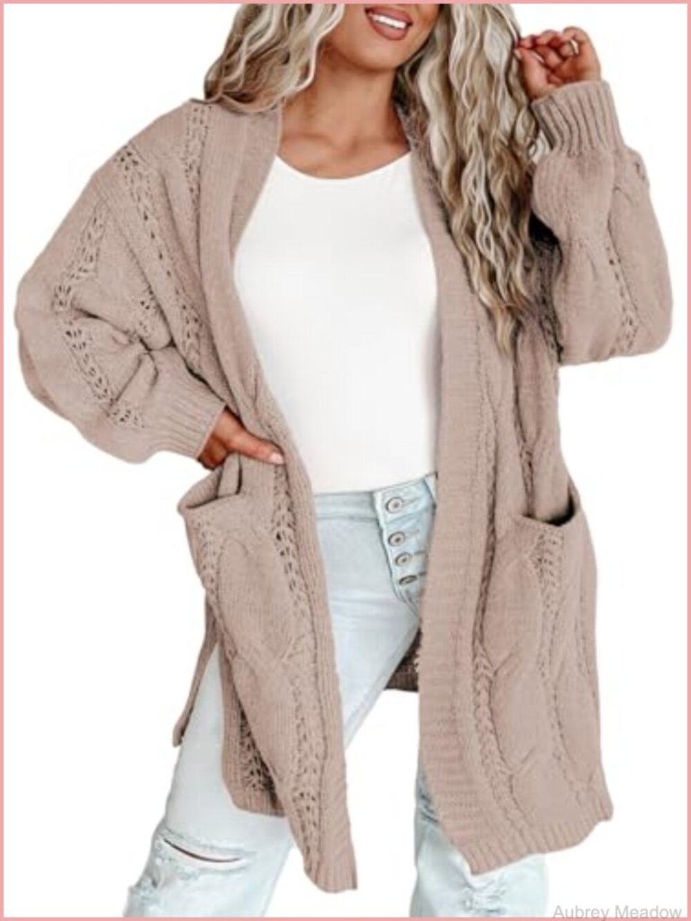 Plus Size Cable Knit Open Front Cardigan Long Sleeve